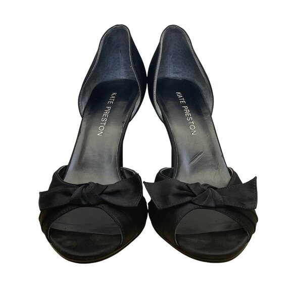 Kate Preston Women’s Black Satin Open-Toe Formal DOrsay Style Bow Heels Size 7M - Picture 2 of 10